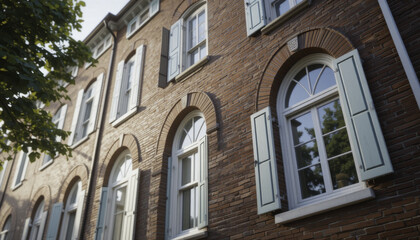 Naklejka premium charming brick building with arched windows and pastel shutters is bathed in soft sunlight, creating warm and inviting atmosphere. architecture reflects classic style