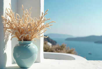 Enhance Your Balcony with a Minimalist Turquoise Vase and Dried Botanicals, Offering a Serene Mediterranean Seascape View and Elegant Coastal Home Decor Inspiration for Tranquil Living.
