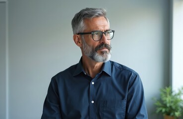 Handsome middle-aged man with grey beard and glasses looks away. Thoughtful man with serious face, pondering, contemplating, in shirt. Business, office, work concept.