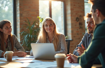 Diverse business team meeting in modern office. Colleagues brainstorming project, discussing ideas, analyzing data. People working together, teamwork concept, startup concept, business strategy.