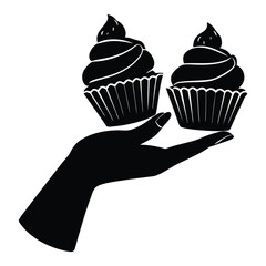Silhouette of a female hand gracefully holding cupcakes, capturing elegance and sweetness in a minimal, black-and-white design—perfect for bakery or dessert themes.
