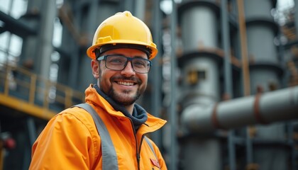Smiling worker poses, safety gear in front of industrial backdrop. Man wearing hard hat, glasses, work uniform. Refinery or factory background. Engineering, industry, construction.
