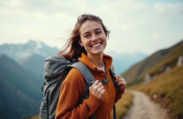 Young happy woman with backpack on mountain path. She hikes, smiles at camera, enjoys nature. Female traveler, adventure, trekking, active lifestyle in mountains.