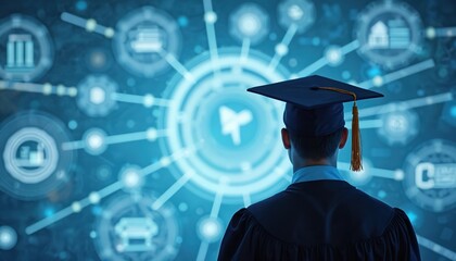 Graduate wearing cap with graduation robe looking forward. Digital background, tech opportunities, career planning concepts. Vision of future tech, success in education and career.