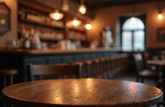 Wooden round table in pub or bar. Blurred background with bar counter, chairs, lights. Empty cafe or restaurant interior. Warm lighting. Retro design. Ideal for advertisement.