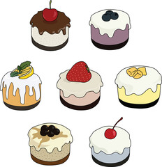set of cakes - A charming collection of 7 hand-drawn vector mini cake illustrations topped with various fruits, including cherry, blueberry, strawberry, mango, lemon, and brown sugar boba