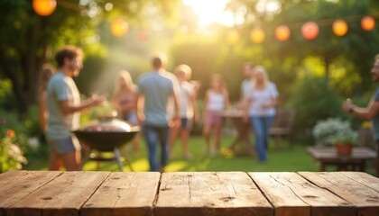 Empty wooden table in front of blurred BBQ party scene. Group of people enjoy summer picnic outdoors, grill on green background. Wooden deck table, natural green garden backdrop. BBQ concept.