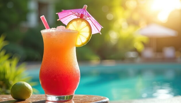 Refreshing tropical drink cocktail garnished with lime, pink umbrella and lemon slice. Perfect summer day photo by pool. Cool, icy beverage, vibrant colors. Vacation, party time. - Powered by Adobe