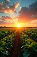 Soybean plantation field rows at sunset. Green leaves, blue sky background. Agriculture, farming, harvest, natural, organic food production. Sustainable growth, healthy crops on farmland.