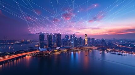 Fototapeta premium Aerial Night View of Smart City Skyline with AI Digital Network for Urban Management Efficiency