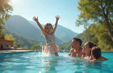 Happy family swims in pool, daughter jumps. Father, mother smile. Girl has fun, enjoys vacation, summer day, sunlight. Parenthood joy, family time, water splash, holiday together, leisure at resort.