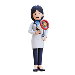 3D Woman Doctor Character in a white lab coat holding a megaphone