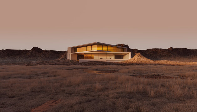 Modern House Amidst Desert Landscape at Sunset