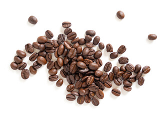Brown roasted coffee beans seeds. Isolated of coffee bean on white background. Close up image.
