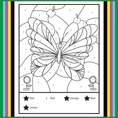 Color by numbers - addition and subtraction worksheet for education. Coloring book. Solve examples and paint butterfly in sky. Math exercises worksheet. Developing counting learn. Print for kids