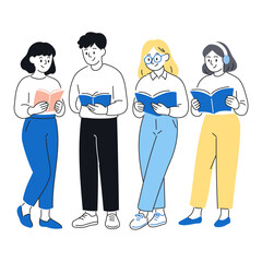 Obraz premium 本を読む若者たちのイラスト