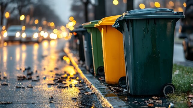 A dimly lit alleyway at night, lined with aged brick buildings, shows overflowing trash bins casting warm light on the cobblestone street, creating a moody, atmospheric scene