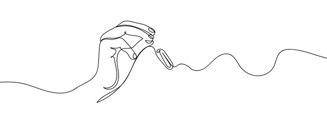 Continuous line. Hand holding a tampon. line art vector Edit Stroke.