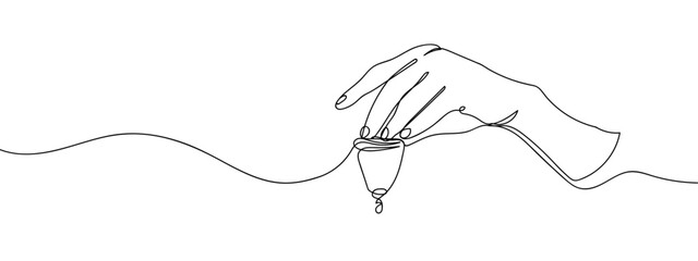 Continuous line. Hand holding a sanitary cup. line art vector Edit Stroke.