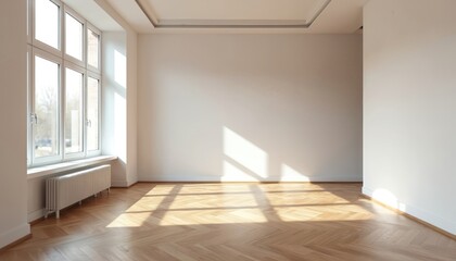 Bright empty living room with sunlight, parquet floor, big window. New apartment interior design with hardwood flooring. Modern design, minimalist space in residential house, flat, real estate.