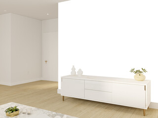Modern White Sideboard Wall Mockup with Light Wood Flooring – Front View