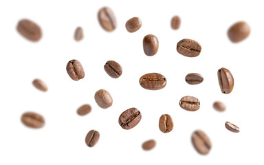 Coffee beans levitate. Roasted coffee beans flying on white background with clipping path. Close up image.