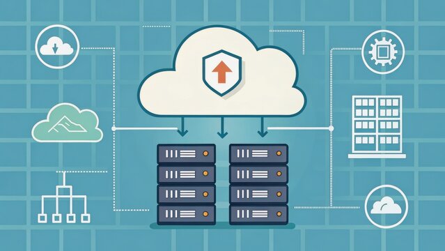 VPN proxy protection concept. Cloud computing concept with servers and network connections illustrated.