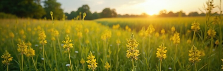 Fototapeta premium Field Hemp dogbane with tall grass and wildflowers during summer season in Ohio. Warm sunlight on vibrant plants. Peaceful natural landscape scenic view at sunset.