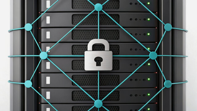 VPN proxy protection concept. Secure server network with a padlock icon for data protection.