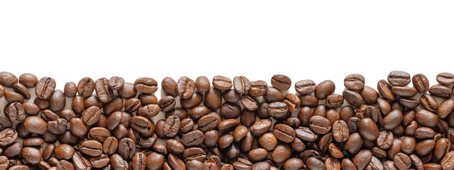 Many roasted coffee beans on white background. Coffee beans border with area for copy space. Close up images.