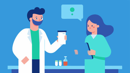 Healthcare Professional A friendly healthcare worker in scrubs and a lab coat interacting with a patient next to the mobile lab explaining the testing process.