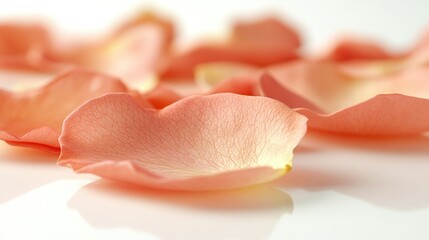 Peach rose petals scattered on white background