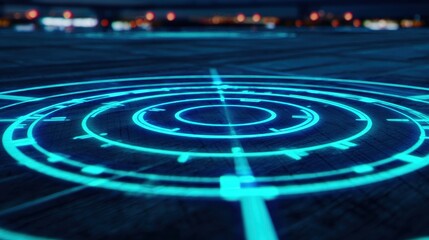 Futuristic glowing circular pattern on a dark surface with city lights in the background