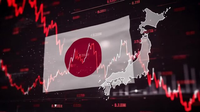 Japanese flag with stock market graph symbolizes Nikkei index and Japan's economic trends.