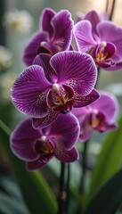 Deep purple orchid flowers in full bloom, blurred background. Stunning beauty of exotic floral plant. Orchid macro photo for wallpaper, greeting card, poster.