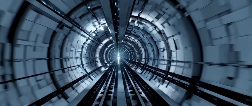 Anamorphic video Particle accelerator tunnel interior, endless ring curving into distance, blinking lights and sensors, metallic walls, eerie ambiance, cinematic sci-fi realism