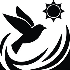 Obraz premium A stylized black and white image of a bird flying above stylized waves under a radiant sun graphic silhouette