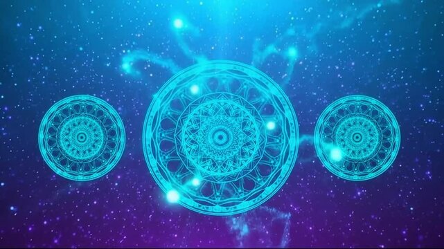 Three vibrant teal mandalas radiate light against a deep purple and blue cosmic backdrop Their intricate details and ethereal glow create a mystical and enchanting scene perfect for spiritual or fanta
