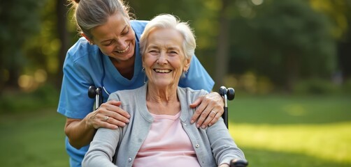 Fototapeta premium Elderly woman smiles, enjoying support of a nurse outdoor. Senior lady with caregiver, healthcare assistance, wheelchair, park background. Retirement, medical care, support, happy, sunny day.