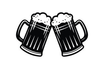 silhouette two beer mugs clinking together cartoon vector illustration