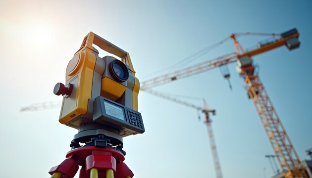 Geodetic 3D scanner stands tripod on construction site against blue sky. Modern construction equipment crane building in background. Geodesy works, surveying, measurement, infrastructure development.