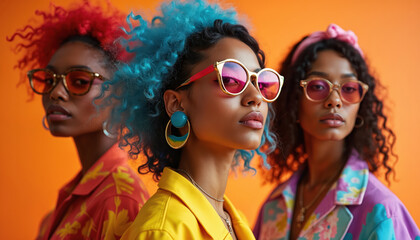 Three young women showcase vibrant fashion. Bold clothing choices bright colors, creative accessories. Urban style, confidence, individuality. Focus on unique, eye-catching details. Gen Z style trend.