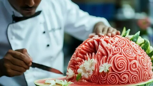 Chef carving watermelon art