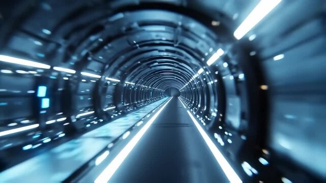 Particle accelerator tunnel interior, endless ring curving into distance, blinking lights and sensors, metallic walls, eerie ambiance, cinematic sci-fi realism
