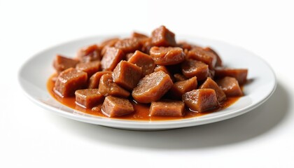 Obraz premium Wet cat food on white plate. Cutout of meat and liver pieces in sauce for cats. Balanced pet nourishment for your kitten. Healthy meal, tasty snack closeup.