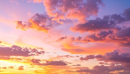 Sunset sky filled with vibrant pink, orange, and purple clouds, glowing edges, romantic and serene setting, perfect for invitations or travel ads