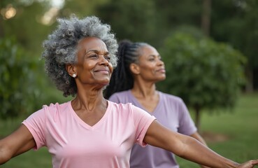 Two senior multiracial women practice yoga outdoors, focus on wellness. Mature black, biracial females exercise, improve health, balance. Elderly women with grey hair sport activity in nature, enjoy