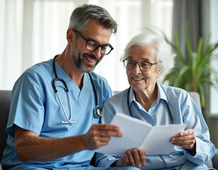 Fototapeta premium Male nurse doctor shows document to elderly woman patient in nursing home. Senior care concept. Doctor supports old patient, provides care. Health, medicine assistance, support in hospital.