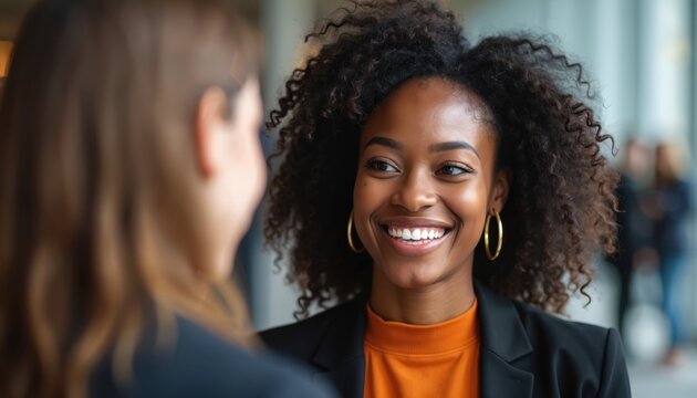 Attractive university student engages recruiter career fair. Smiling woman in blazer communicates. Happy, young professional networking. Opportunity for interview, job offer. Business meeting,