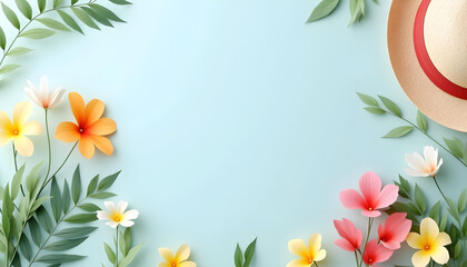 Obraz premium Tropical flowers and palm leaves frame a light blue background&nbsp; summer theme